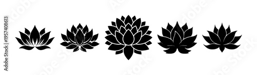 A collection of five unique black lotus flower silhouettes in a horizontal row on a white background. Minimalist floral icons representing zen, meditation, and spiritual purity in flat style.