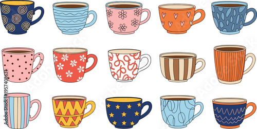 Colorful hand drawn coffee mugs collection with cute patterns, ceramic cups set, tea mugs illustration, cozy kitchen drinkware clipart isolated on white background