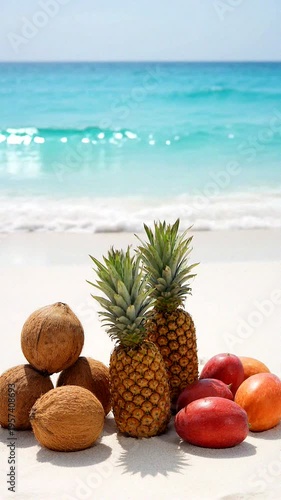 A vibrant assortment of tropical fruits set against a serene beach backdrop, perfect for summer themes.