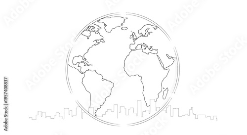 A minimalist line art illustration of a globe with a city skyline, symbolizing Earth Hour and climate awareness in a dark background with a focus on environmental design and global unity