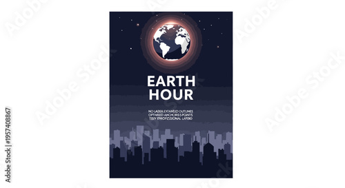 Earth Hour poster with a dark cityscape background and a glowing Earth, promoting climate awareness and Lights Off campaign