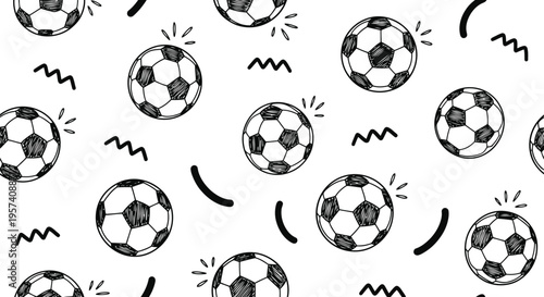 Soccer Ball Seamless Pattern Vector Illustration, Hand Drawn Black and White Football Design