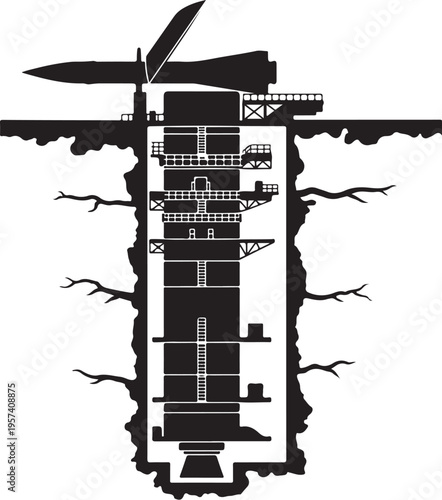 Black and white, underground bunker, military fortress, cross-section illustration, vector graphic