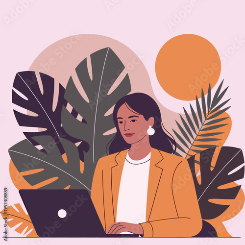 Woman working on laptop amidst tropical leaves and a warm sunset