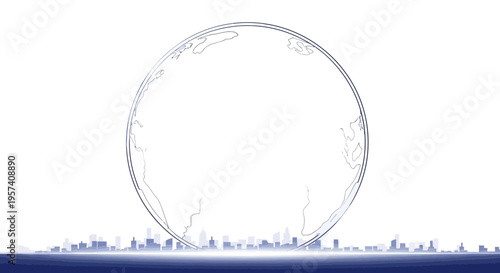 Illustration of a dark cityscape with a glowing earth and a dark blue background for Earth Hour and climate awareness, conveying a sense of environmental advocacy