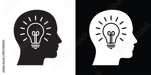 Silhouette of a human profile with a glowing light bulb inside the head. Symbolizing a bright idea, inspiration, creativity, and innovative thinking. Vector icon in black and white.