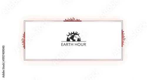 Earth Hour logo on a white background with a red border and red decorative elements, symbolizing climate awareness and dark cityscape at night