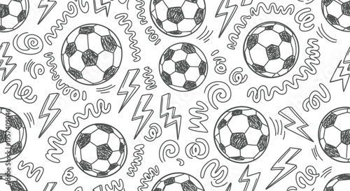 Soccer Ball Seamless Pattern Vector Illustration, Hand Drawn Black and White Sports Background