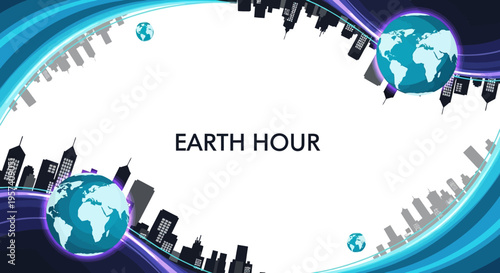 Digital illustration of Earth Hour with a dark cityscape and glowing blue globes on a white background with a blue wave design