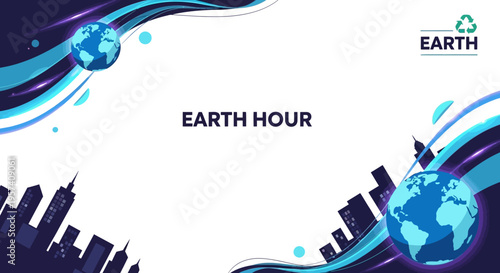 Illustration of Earth Hour with dark cityscape and glowing blue Earth on a white background with swirling lines and shapes in shades of blue and purple