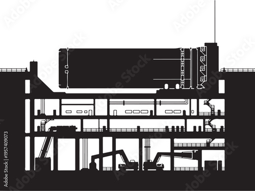 Industrial building cross-section, factory floor plan, machinery layout, architectural blueprint