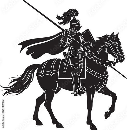 Medieval Knight, Horse, Black Silhouette, Vector Illustration, Knight Riding, Equestrian Scene