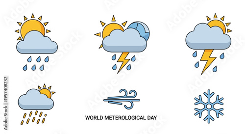 A set of modern weather icons depicting various meteorological conditions for World Meteorological Day, including sun, cloud, rain, thunderstorm, and snow, with a focus on education