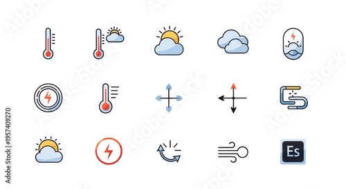 A set of modern weather icons depicting various meteorological conditions and symbols for education and business use on a clean white background