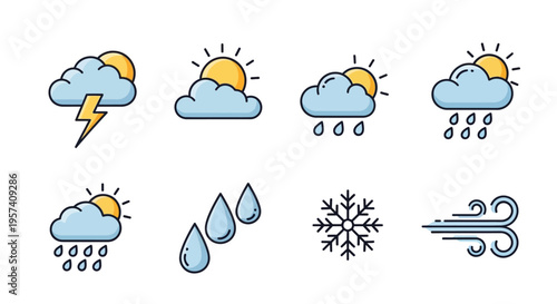 A set of modern weather icons depicting various meteorological conditions including clouds, sun, rain, snow, wind, and thunderstorm, used for education and business purposes