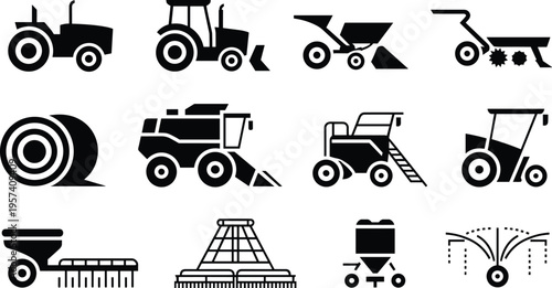 Agricultural machinery icon set featuring tractors harvesters seeders irrigation systems and farm equipment silhouettes for modern agriculture design vector illustration isolated on background