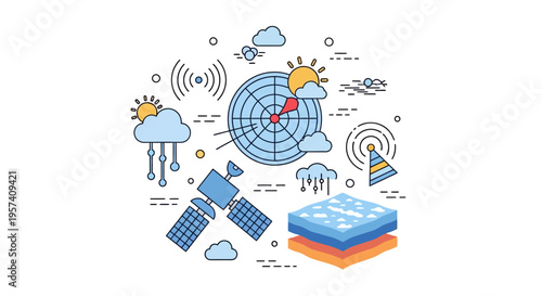 A colorful illustration set depicting various weather icons and symbols for a meteorology and climate education concept on World Meteorological Day with a modern design