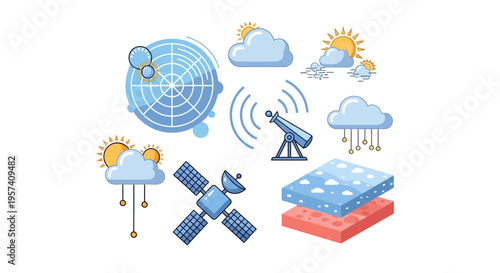 A vector illustration set depicting various weather icons and symbols for World Meteorological Day, including clouds, sun, rain, globe, and satellite, conveying a science and education