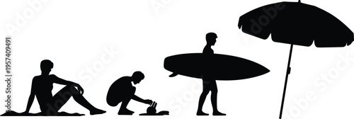 Beach silhouette illustration, four figures in recreational poses with surfboard, sandcastle, umbrella, and towel, summer leisure theme, vector art