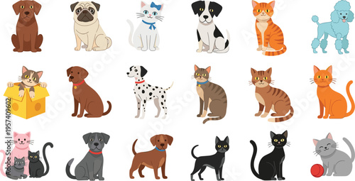 Cute cats and dogs cartoon characters collection, playful pets set with different breeds, kittens and puppies illustration, adorable domestic animals flat vector design