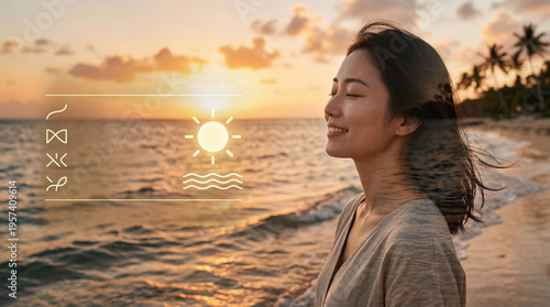 A serene Asian woman with her eyes closed and a gentle smile breathes in the tranquil ocean air on a tropical beach at sunset, bathed in golden light. She radiates peace and mindfulness.