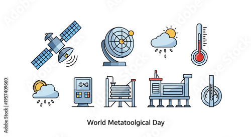 A set of modern weather icons depicting various meteorological concepts for World Meteorological Day with a focus on climate, science, and education