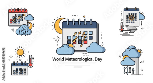 A set of modern weather icons illustrating World Meteorological Day with symbols for rain, sun, cloud, and temperature, conveying a science and education concept in a colorful, flat design