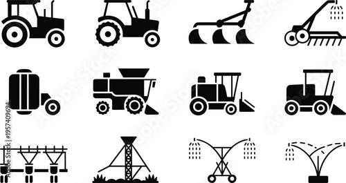 Set of agricultural machinery icons including tractors plows harvesters irrigation systems and farming equipment silhouettes for modern agriculture design vector illustration clean minimal