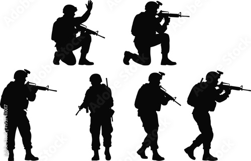 Military soldiers silhouettes set in tactical positions, armed army troops aiming rifles, combat operations, defense forces, security concept isolated background
