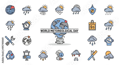 A set of modern weather icons for World Meteorological Day, featuring symbols for rain, sun, cloud, wind, snow, and temperature, arranged with a globe and calendar on a white background