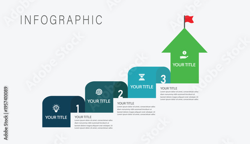 3-Step business infographic template with three step process timeline growth to goal achievement and financial success concept design