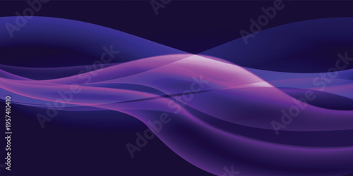 Abstract background with radiant purple and blue dynamic fluid waves and translucent ribbons.