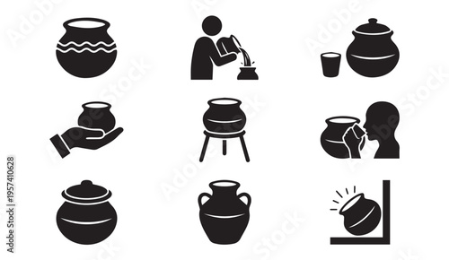 Traditional pottery making and usage illustrated in a sequential manner