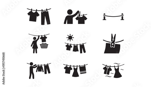 Illustrations depicting various stages and tools of laundry day activities