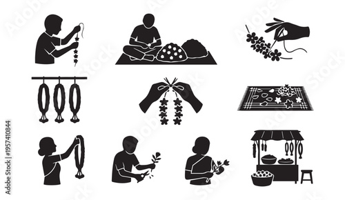 Traditional craftsmanship and flower arrangement activities in a cultural setting