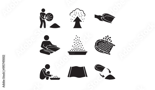 Illustrations depicting the stages of grain processing from harvesting to consumption