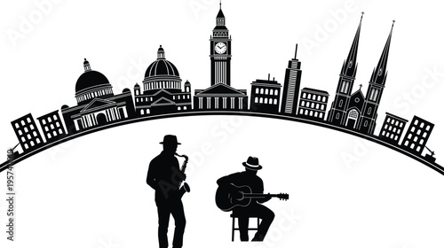 Black and white silhouette illustration of urban cityscape with iconic architecture, saxophone and guitar musicians, symbolizing jazz culture, live music, and artistic urban lifestyle.