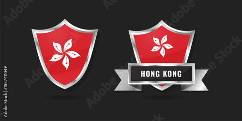 High-quality 3D metallic shield and ribbon featuring the flag of Hong Kong, designed for Asian business branding, international relations, and patriotic identity