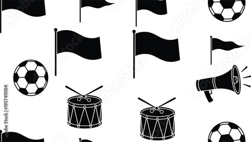 Soccer fan seamless pattern vector with flags, drums, megaphones and football icons