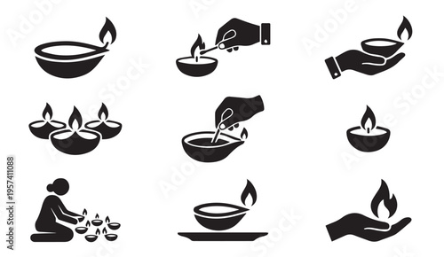 Traditional diya lamp preparation and usage illustrations