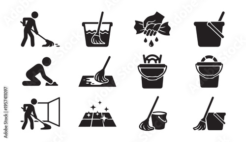 Collection of cleaning icons depicting various household chores and tools