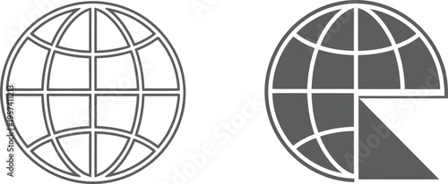 Globe and sliced globe icons detailed line art and solid fill vector graphic element