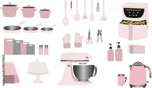 Pink kitchen appliances and utensils set
