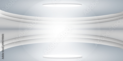 White studio empty room with pedestal podium for mock up product. Gray geometric platform with horizontal lines design backdrop. Luxury scene for display products vector.