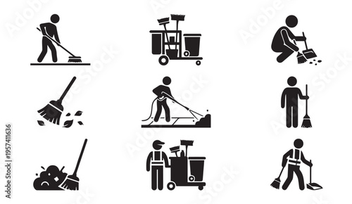 Illustrations of various cleaning and maintenance tasks performed by workers