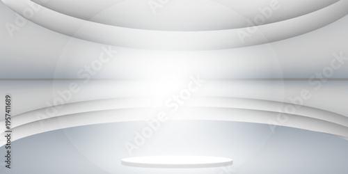 White studio empty room with pedestal podium for mock up product. Gray geometric platform with horizontal lines design backdrop. Luxury scene for display products vector.