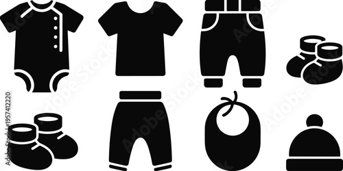 Baby clothing icons set vector newborn outfit collection including bodysuit shirt pants shoes bib hat isolated silhouette design