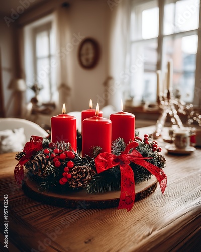 Wallpaper Mural Festive Red Candles Surrounded by a Green Wreath on a Wooden Table in a Cozy Living Room Setting Torontodigital.ca