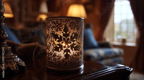 Wallpaper Mural Elegant candle holder with intricate snowflake design illuminating cozy living room ambiance during winter season with soft, warm light glow Torontodigital.ca