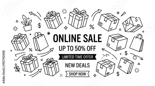 Online Sale Banner with Gifts Boxes And Shopping Bags